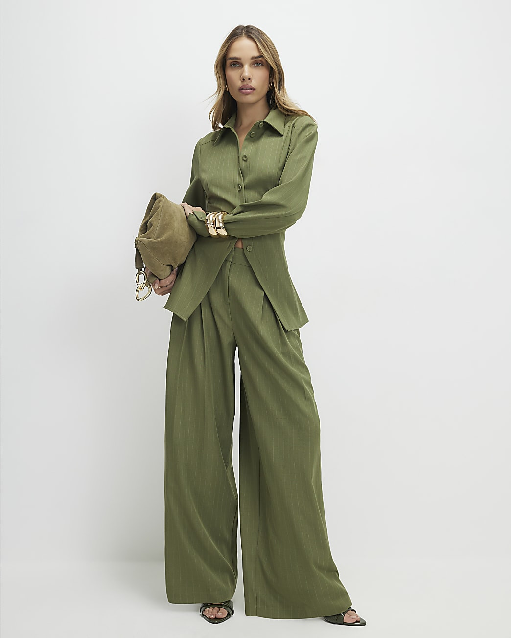 Green Striped Wide Leg Trousers | River Island UK & IE