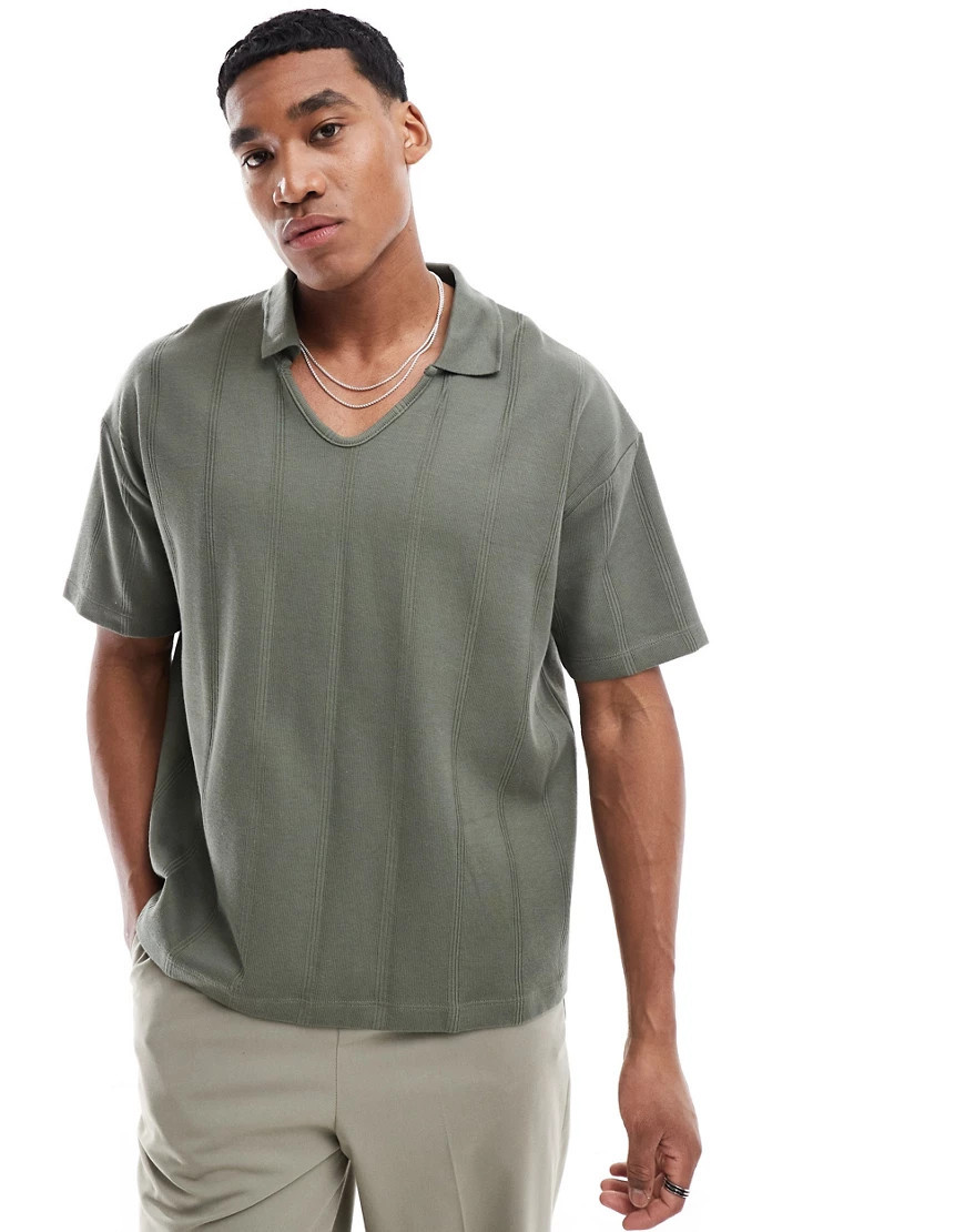 ASOS DESIGN oversized rib polo with rib neck in khaki-Green | ASOS (Global)