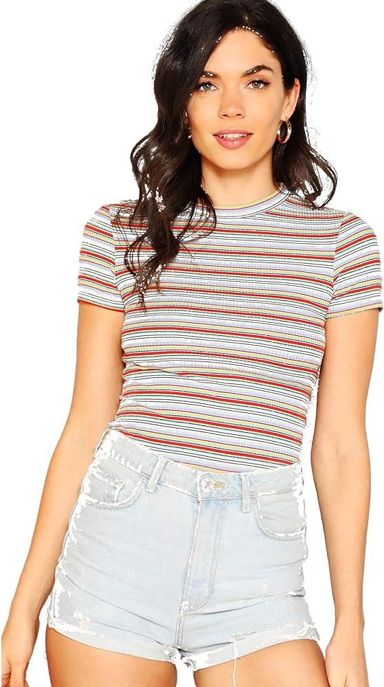 Milumia Women's Casual Multi Striped Ribbed Short Sleeve Solid Tee Knit Top | Amazon (US)