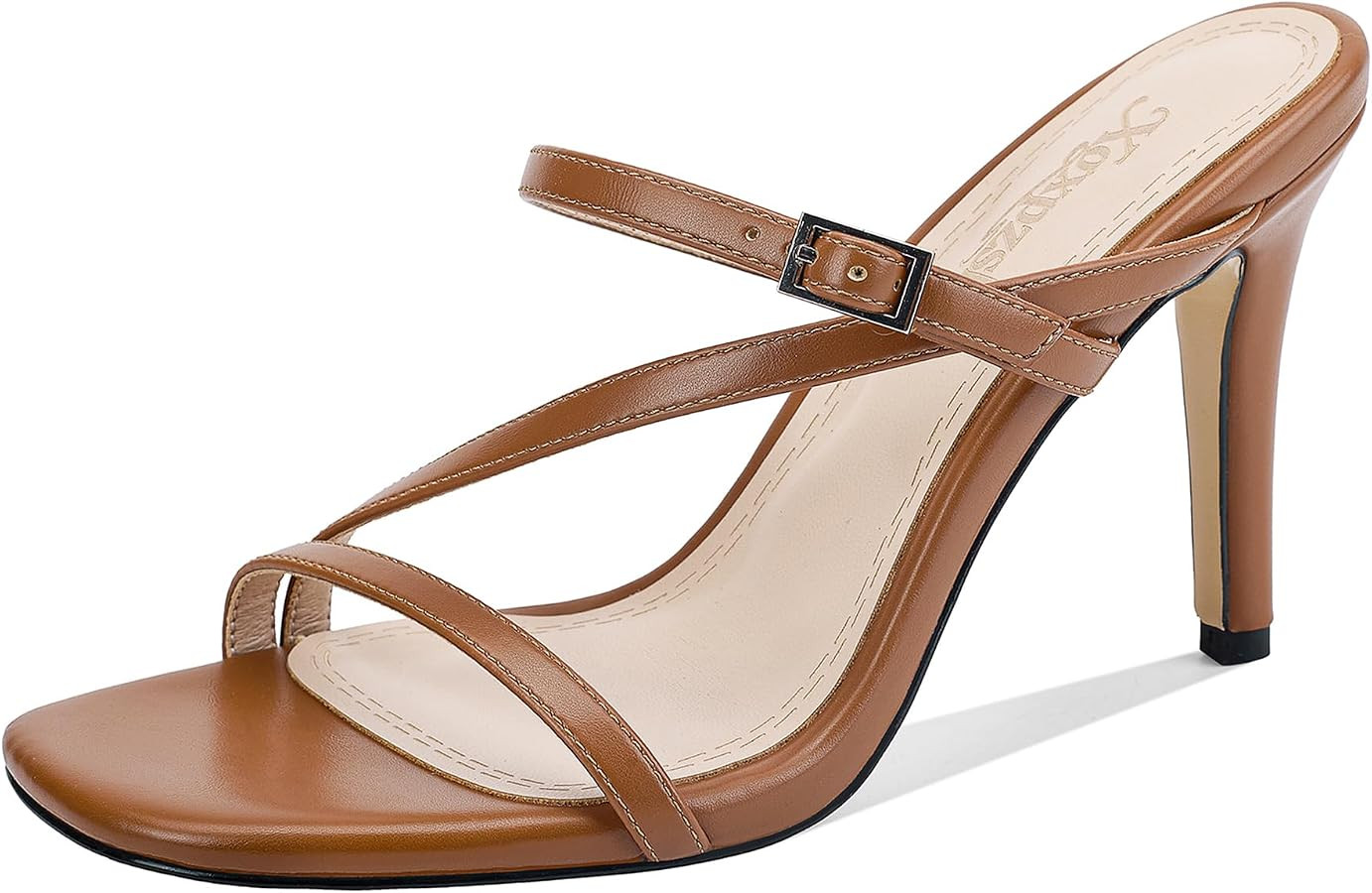 Women's Strappy Square Open Toe 3.54" Stiletto Sandals Black Brown | Amazon (US)