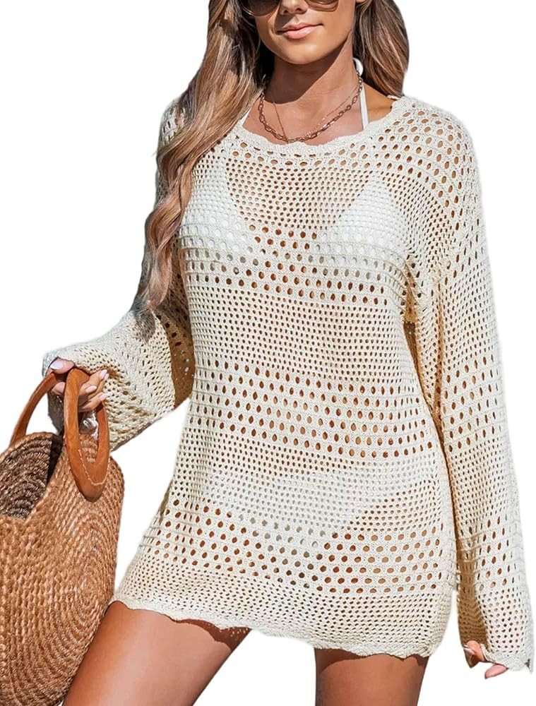 AI'MAGE Crochet Swim Cover Up Knitted Hollow Out Long Sleeve Swimsuit Coverup Womens Beach Cover ... | Amazon (US)
