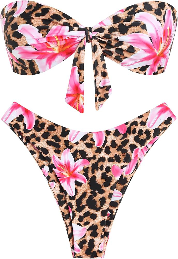 ZAFUL Knotted Bandeau Bikini for Women Strapless Swimsuits High Cut Bathing Suit Sexy Cheeky Tie ... | Amazon (US)