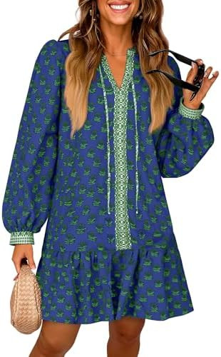 Wenrine Womens Long Sleeve Casual Mini Dress Floral V Neck Ruffle Loose Fall Boho Babydoll Dresse... | Amazon (US)
