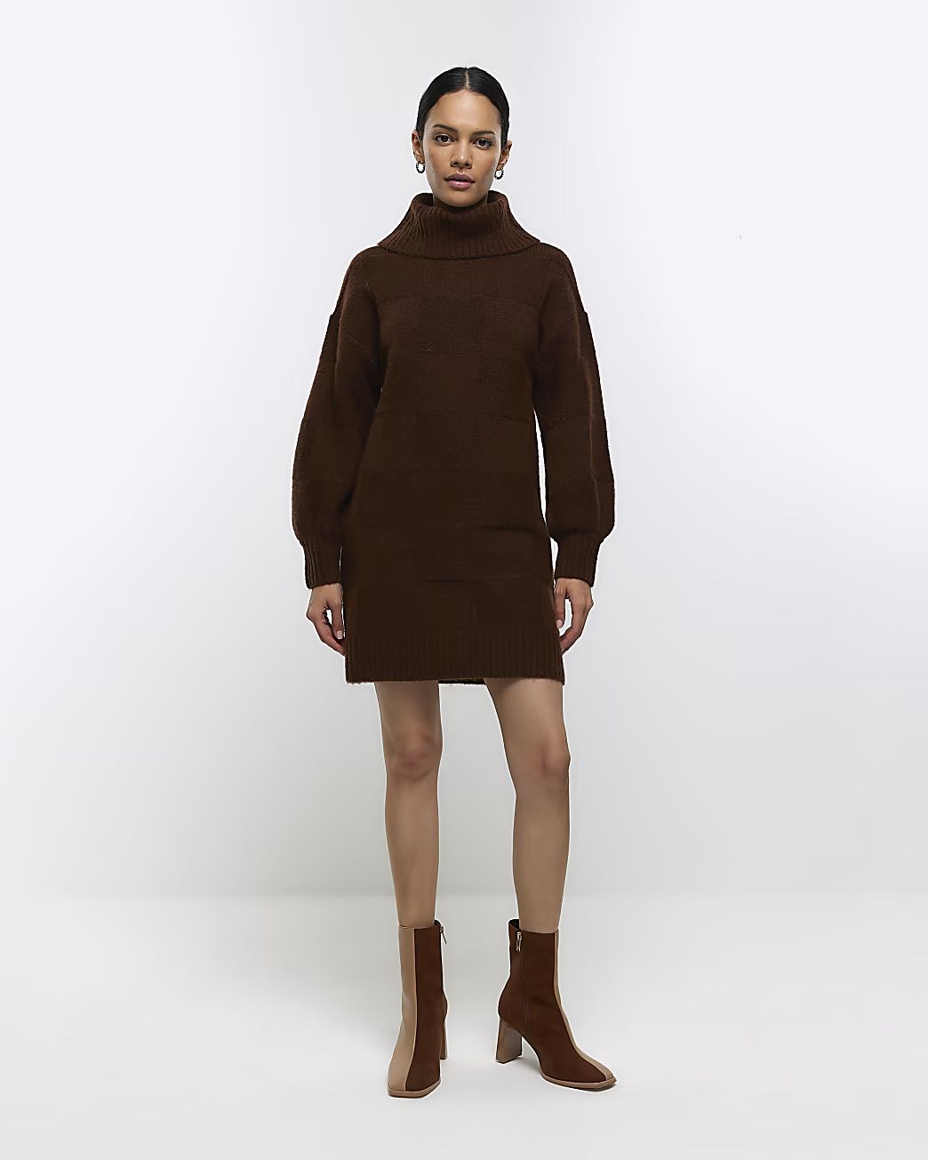 Brown textured roll neck jumper mini dress | River Island (UK & IE)