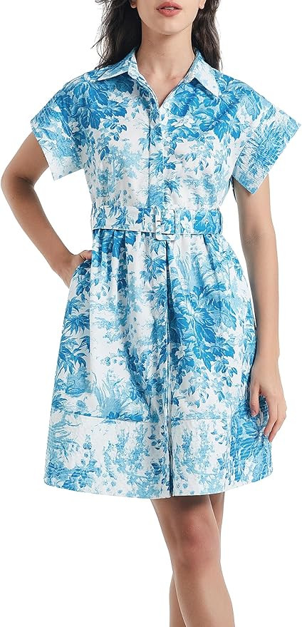 D-Sun Women Button Down Shirt Dress V-Neck Floral Printed Short Sleeve Mini Dress Casual Belted S... | Amazon (US)