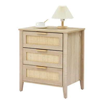 Boho Rattan Nightstand with 3 Drawers, Bedside Table with Sturdy Wood Legs and Storage Shelf for Bedroom, Living Room | Wayfair North America