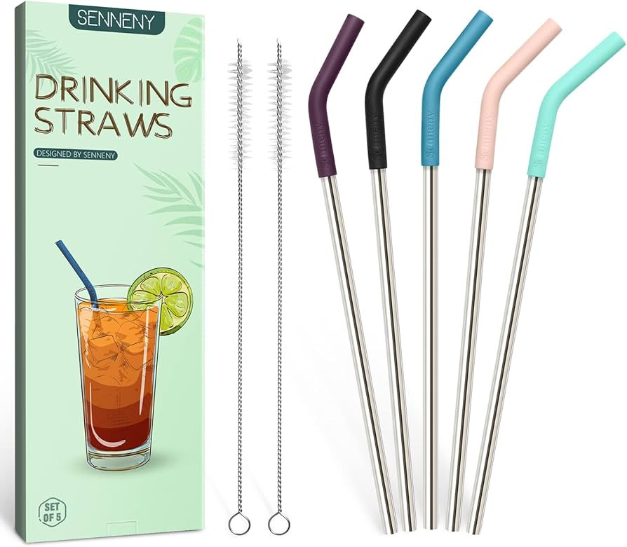 Senneny Set of 5 Stainless Steel Straws with Silicone Flex Tips Elbows Cover, 2 Cleaning Brushes ... | Amazon (US)