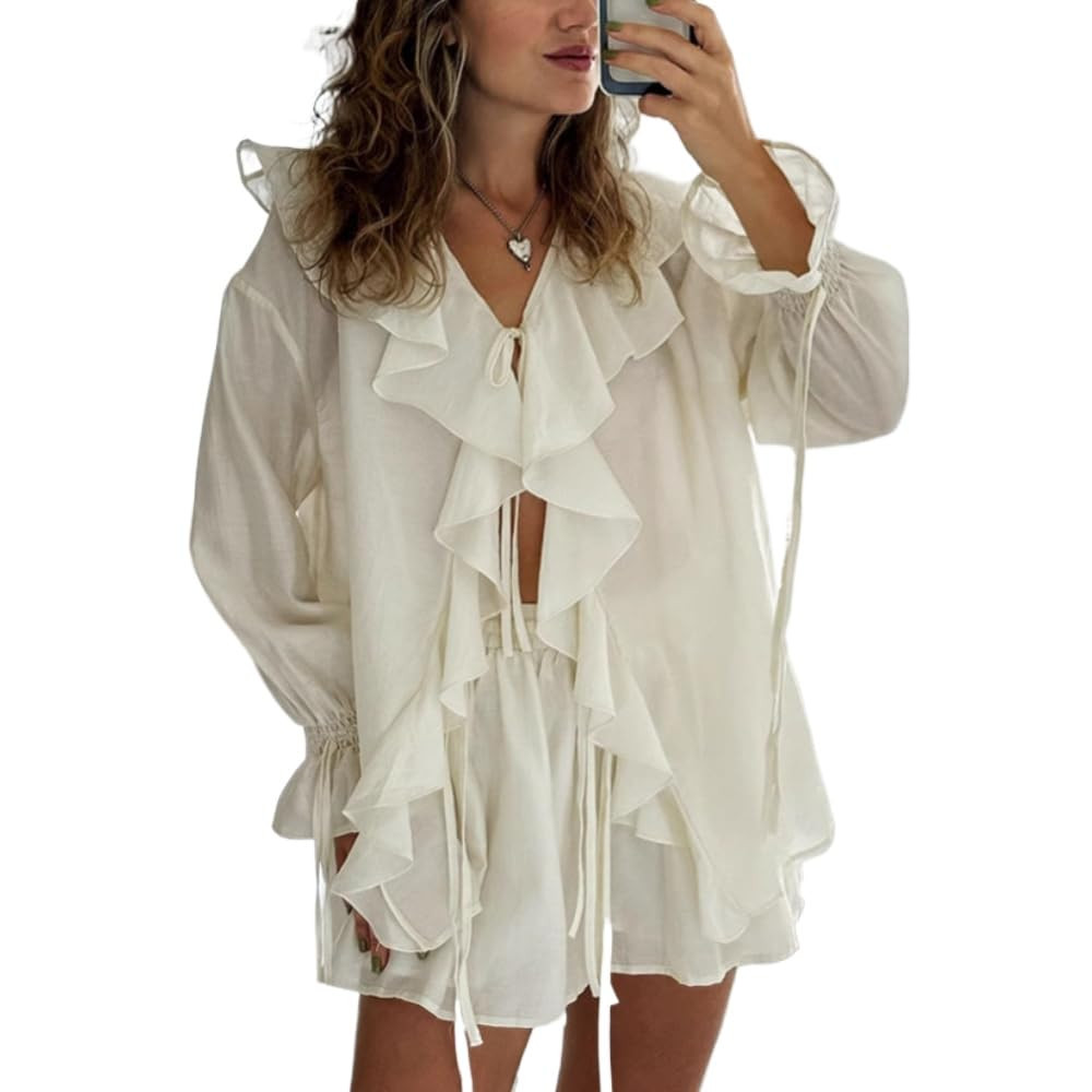 Women Coquette 2 Piece Short Sets Ruffle Tie Front Blouse Dressy Casual and Shorts Tunic Top Summ... | Amazon (US)