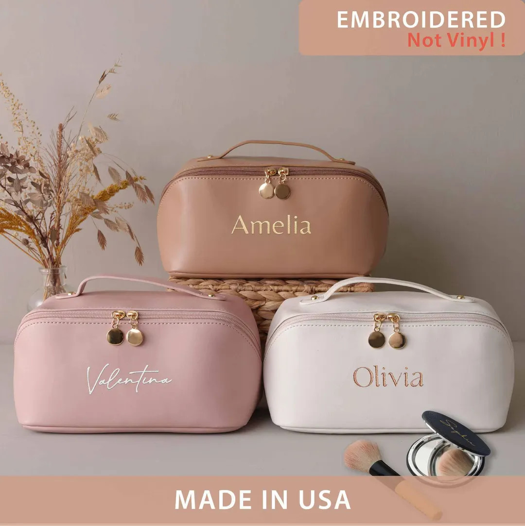 Leather Embroidered Makeup Bag, Gift for Girlfriend, Large Capacity Cosmetic Bag, Bridesmaid Gift... | Etsy (US)