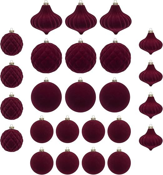 KI Store Velvet Christmas Balls Burgundy 25pcs Flocked Christmas Tree Ornaments Assortment for Xm... | Amazon (US)