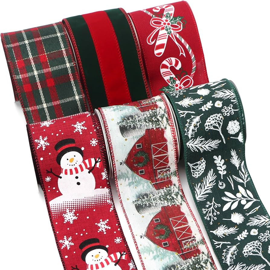 Ribbli Red Green Christmas Ribbon Wired- Snowman Pine Branch Candy Cane Plaid Velvet Ribbon for C... | Amazon (US)