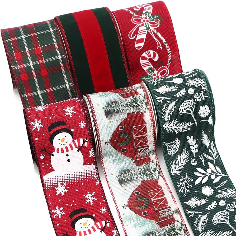 Ribbli Red Green Christmas Ribbon Wired- Snowman Pine Branch Candy Cane Plaid Velvet Ribbon for C... | Amazon (US)