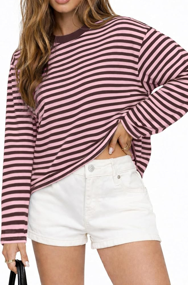 Classic Stripes with Trendy Contrast,Crewneck Oversized Relaxed Fit,Versatile Everyday Top,Comfor... | Amazon (US)