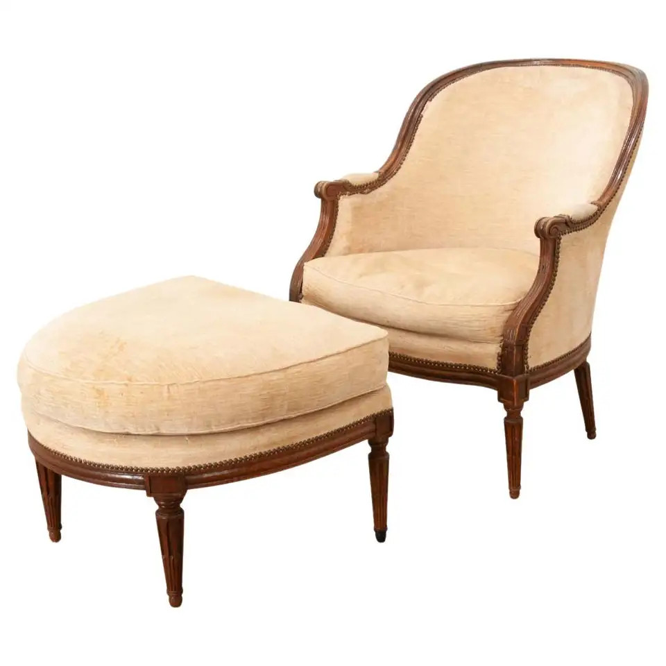 French Oak Louis XVI Style Bergere & Ottoman | 1stDibs