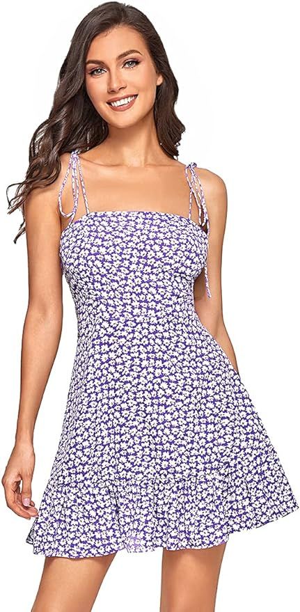 SheIn Women's Summer Sleeveless Floral Ruffle Strappy Beach Swing Dress | Amazon (US)