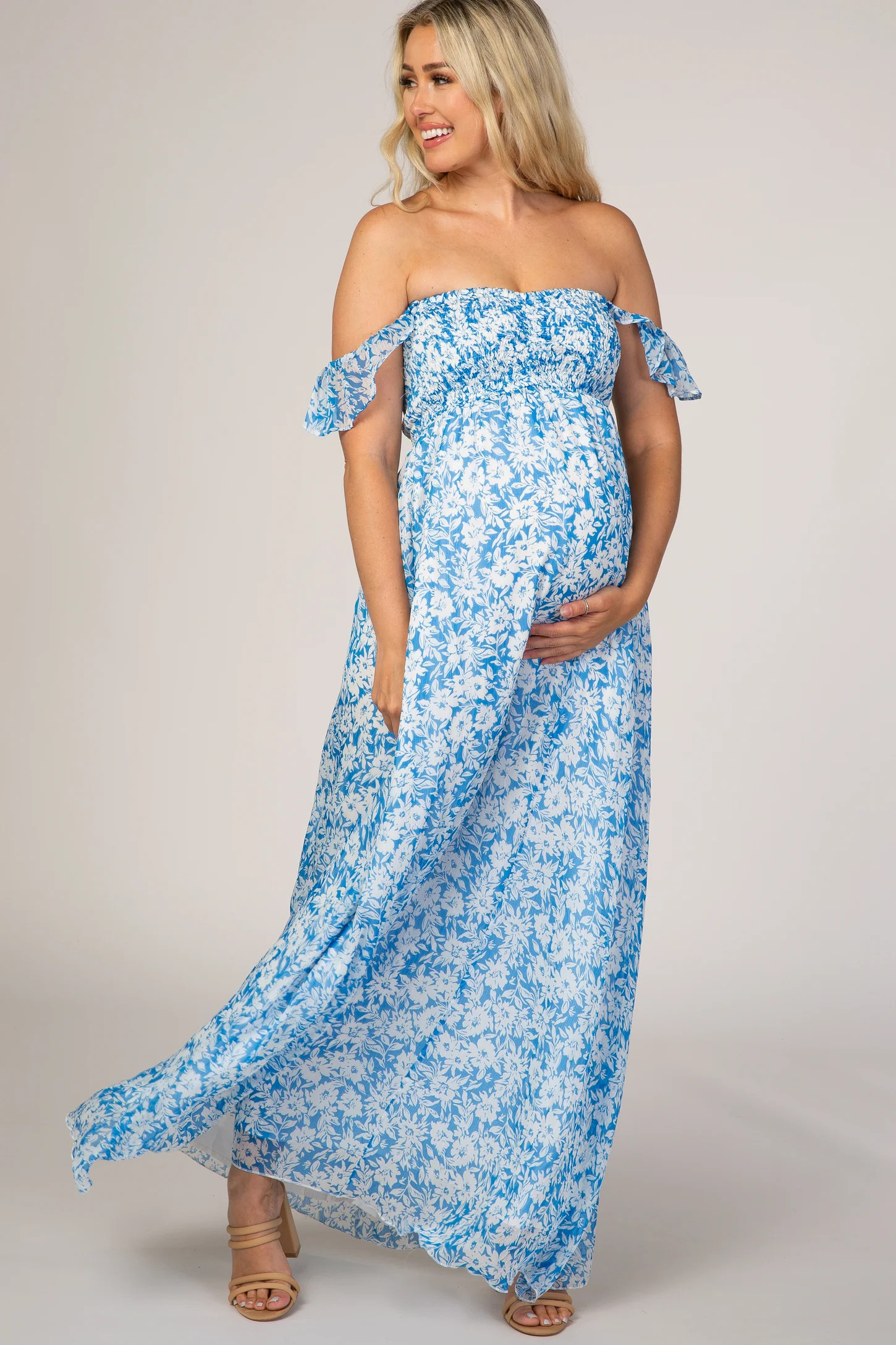 Blue Floral Flutter Sleeve Maternity Maxi Dress | PinkBlush Maternity