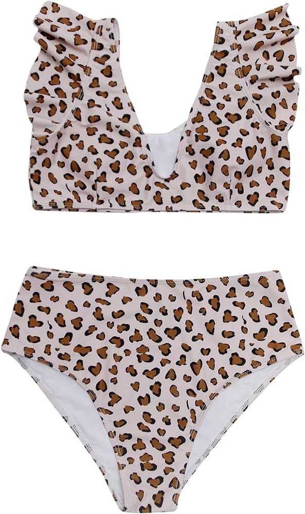 Floerns Women's Leopard Bathing Suit Ruffle High Waist Bikini 2 Piece V Neck Swimsuit | Amazon (US)