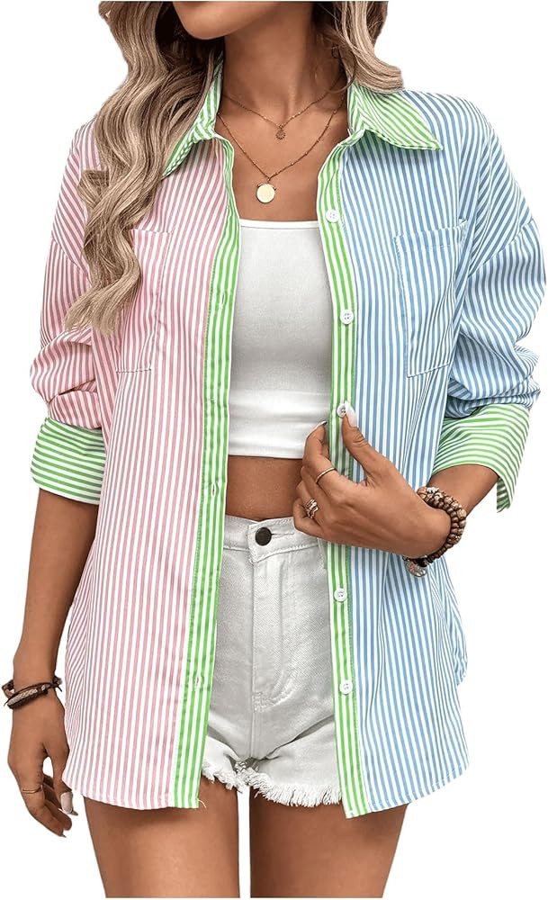 MakeMeChic Women's Striped Long Sleeve Collared Shirt Color Block Button Down Blouse Tops | Amazon (US)