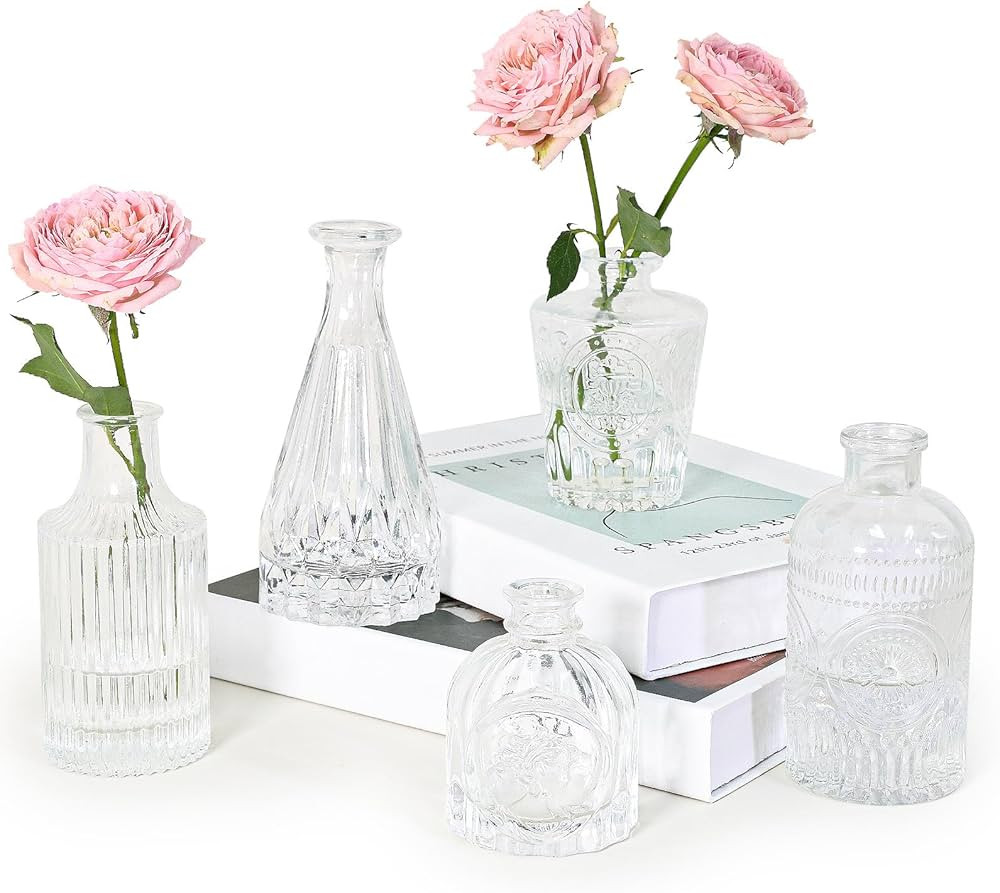 Glass Bud Vase Set of 5, Clear Small Flower Vases for Centerpieces in Bulk, Mini Vintage Vase for... | Amazon (US)