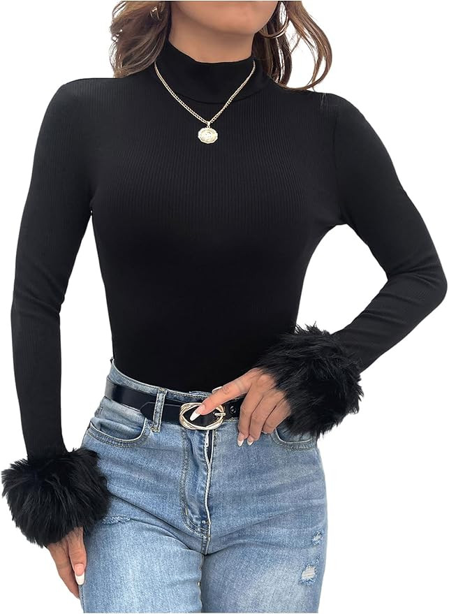 SOLY HUX Women's Fuzzy Mock Neck T Shirt Long Sleeve Fitted Ribbed Knit Tee Tops | Amazon (US)