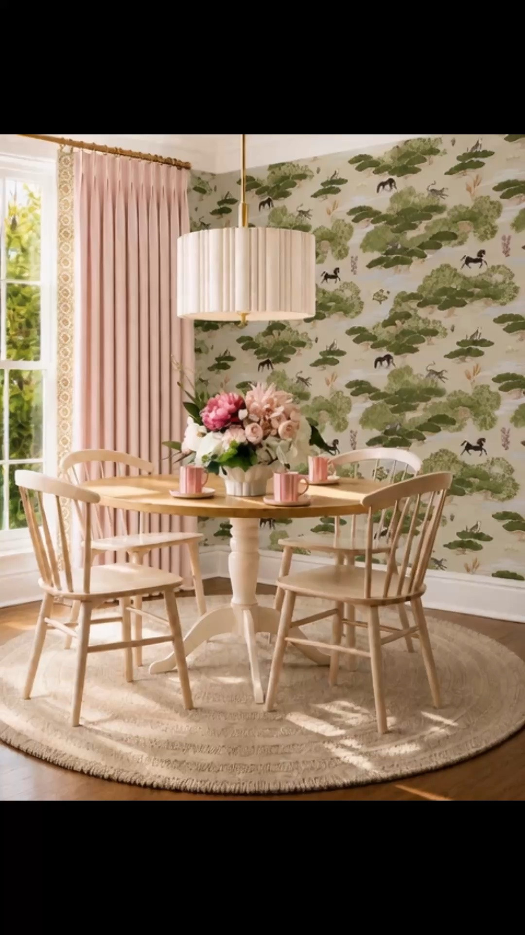 This dining nook was designed to feel soft and fresh now, while also transitioning beautifully into fall and even winter. ✨

I used the blush solid linen drapes and scenic wallpaper to create a warmer, more layered look that doesn’t feel limited to just one season. Paired with the pleated chandelier, round dining table, softly toned dining chairs, woven rug, and floral styling, the whole space feels inviting, collected, and easy to carry through the months ahead.

With Labor Day sales happening now, it’s such a good time to refresh the pieces that make a space feel finished — lighting, dining furniture, rugs, drapery, wallpaper, and tableware.

#LaborDayHome #DiningRoomDecor #BreakfastNook #KitchenNook #DiningRoomInspo #TransitionalDecor #FallHomeDecor #WinterHomeDecor #Wallpaper #LinenDrapes #Chandelier #DiningTable #DiningChairs #AreaRug #TableStyling #HomeDecor #LTKHome

#LTKHome #LTKSaleAlert #LTKSeasonal