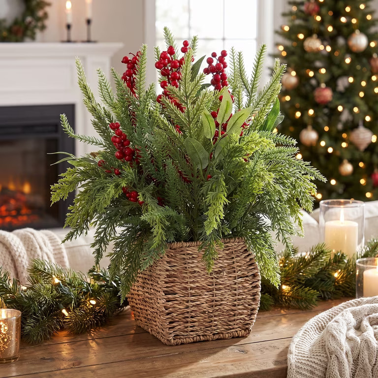 Berry and Greenery Arrangement in Woven Basket Christmas Decoration, Multicolor, 15.5", by Holida... | Walmart (US)