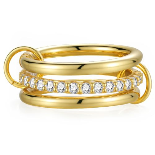 Emibele Stackable Rings for Women, Interlocking Gold Rings Non Tarnish, 14K Gold Plated Cubic Zirconia Ring Dainty Statement Band, Multi-Link Connected Metal Stacking Bands, Size 9 | Amazon (US)