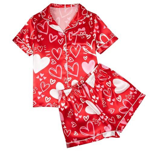 TOUCHKINN Satin Pajama Set for Women Valentines Pajamas Heart Pjs Short Sleeve Sleepwear 2 Piece Button Down Pjs Loungewear | Amazon (US)