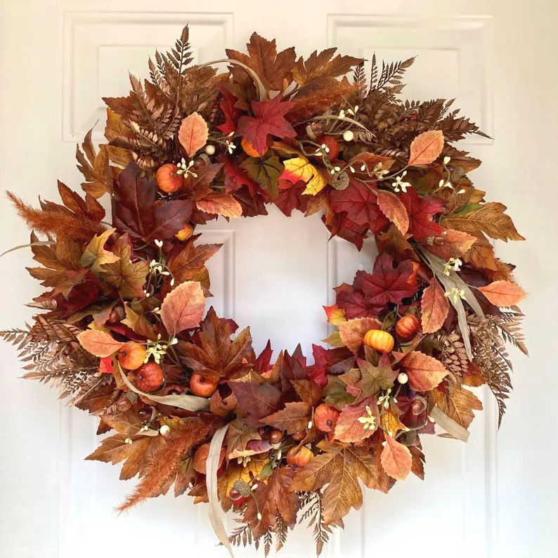 Fall Maple & Pumpkin Wreath: 25-inch Front Door Foliage With Acorns - Etsy | Etsy (Global)