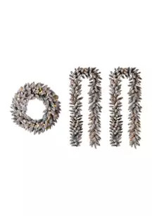 Pre-Lit Snow Flocked Christmas Wreath and Matched 2 Pack Garland Set | Belk