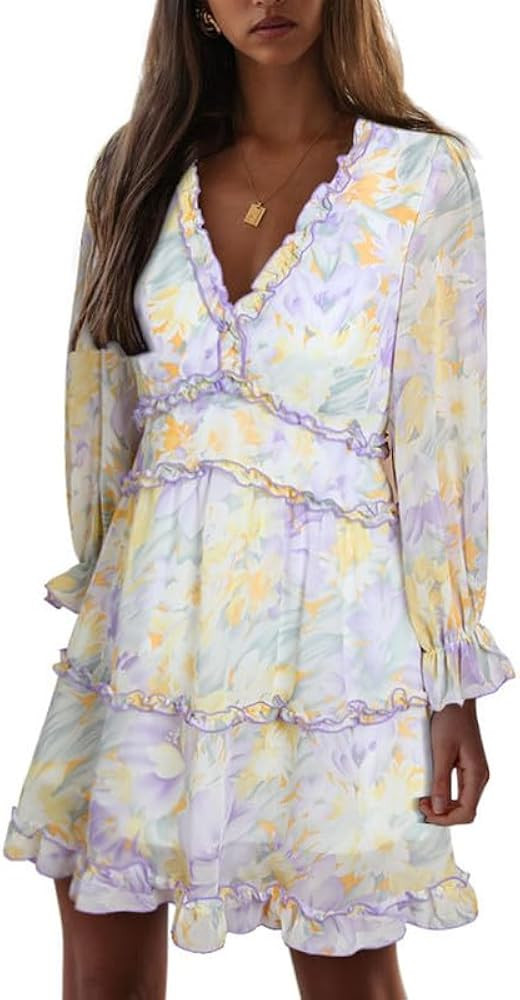 Dokotoo Womens 2024 Spring Summer Deep V Neck Ruffle Floral Flowy Mini Dress | Amazon (US)