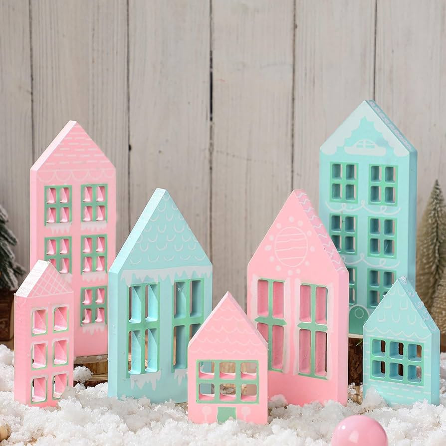 7 Pcs Wooden Christmas Houses Sets Gingerbread House Decor Xmas Village Set Winter Desk Shelf Orn... | Amazon (US)