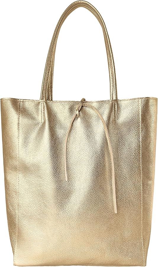 Women's Italian Tote Bag with Zipper Closure from Soft Metallic Genuine Leather for Shopping, Wor... | Amazon (US)
