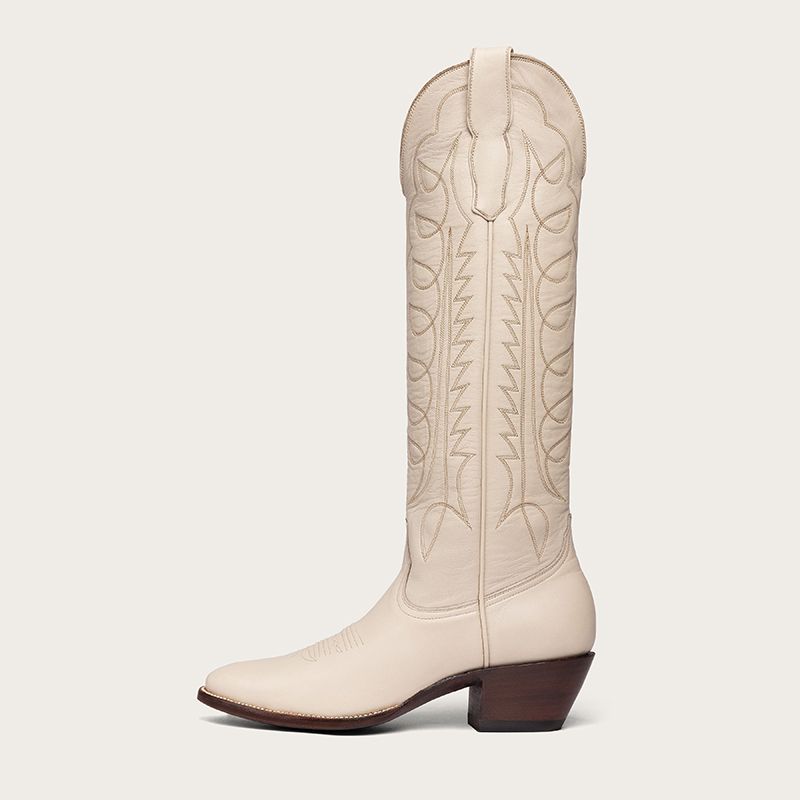 FSJ Beige Pointed Toe Block Heel Embroidered Mid-Calf Cowgirl Boots | FSJshoes