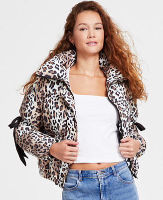 Juniors' Animal-Print Bow-Trim Puffer Jacket | Macy's