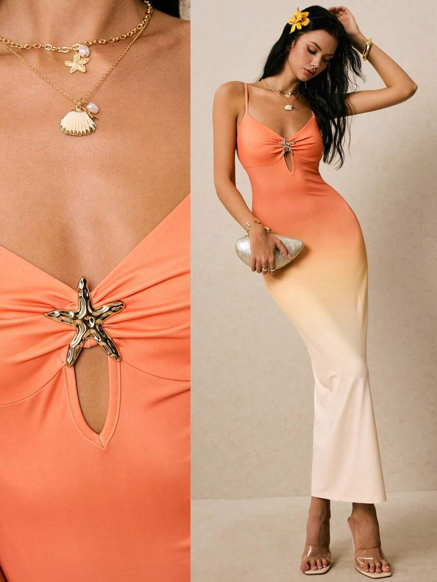 Poéselle Orange Long Dress With Starfish Decoration,Beach Vacation Outfits ,Women Ombre Color Ho... | SHEIN