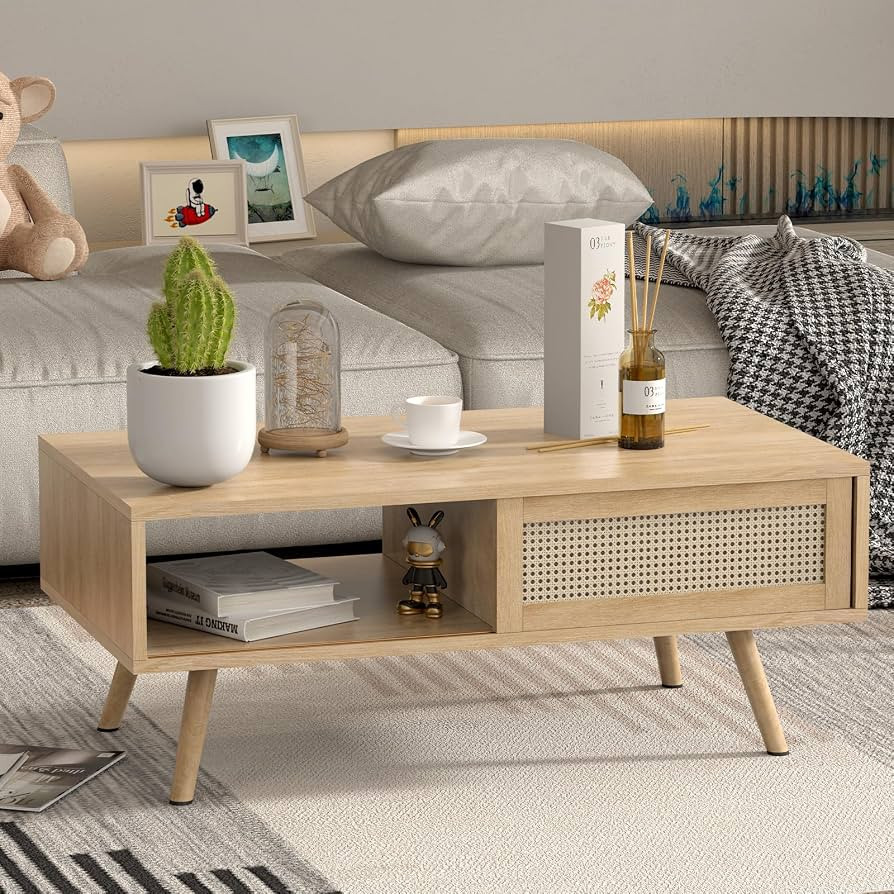 Forsho Rattan Coffee Table Mid Century Modern Coffee Table with Storage 41.3 Inch Wooden Accent C... | Amazon (US)