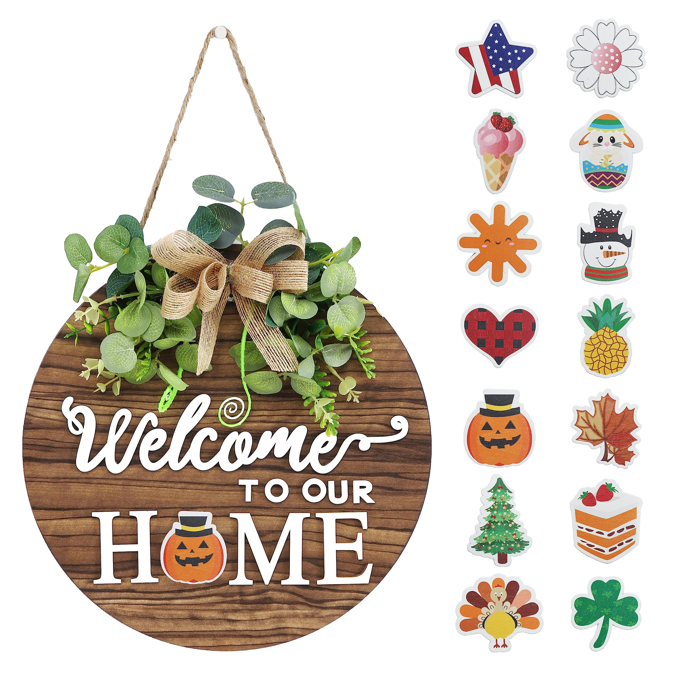 Interchangeable Seasonal Welcome Sign Front Door Decoration, Rustic Round Wood Wreaths Wall Hangi... | Amazon (US)