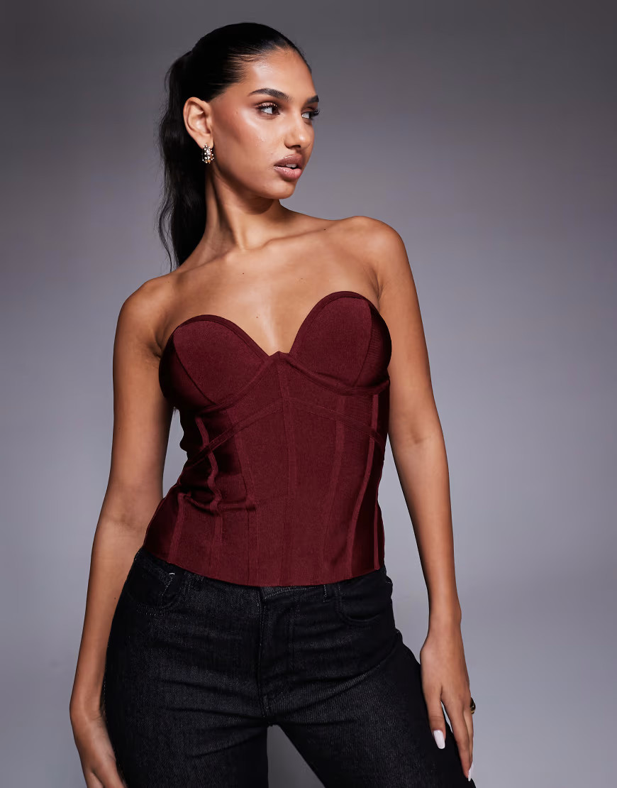 ASOS DESIGN bandage bust cups strapless corset top in burgundy-Red | ASOS (Global)