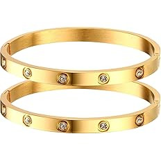 MPRAINBOW Gold Bracelets for Women, 2Pcs 18K Gold Plated Cubic Zirconia Bangle Crystal Friendship... | Amazon (US)