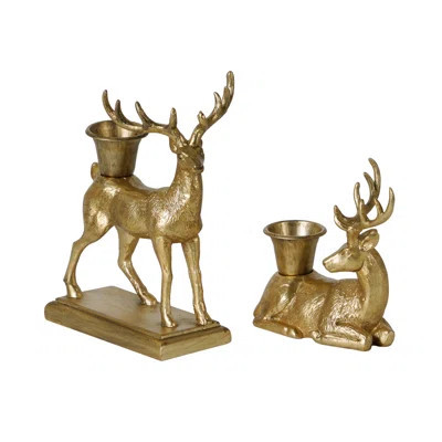 2 Piece Decorative Gold Resin Sitting And Standing Deer Tabletop Taper Candleholder Candlestick Set | Wayfair North America