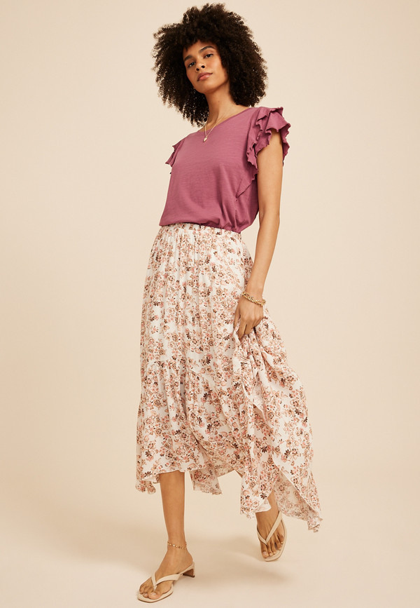 Floral Crinkle Gauze Hanky Hem Maxi Skirt | Maurices