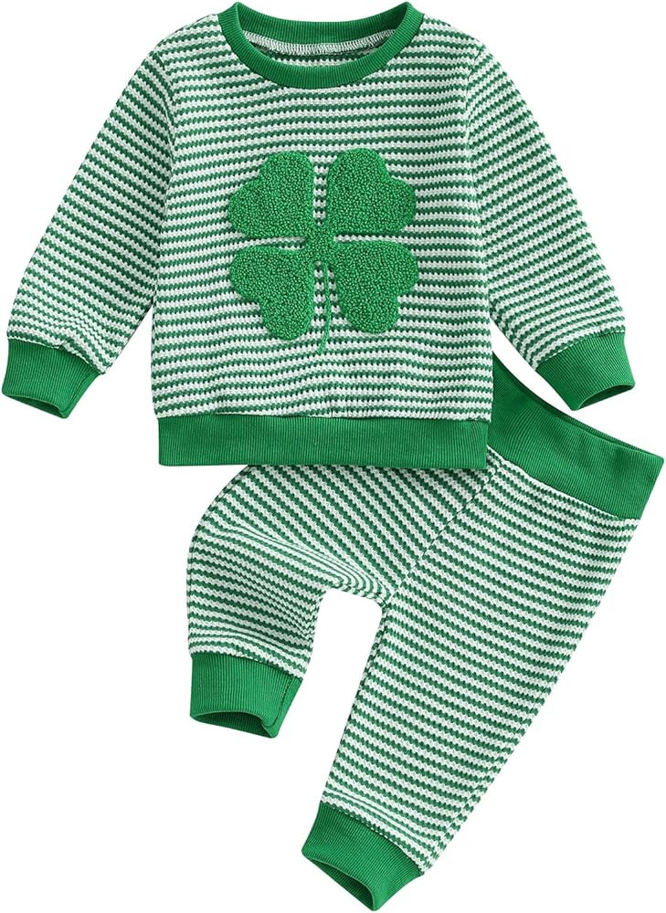 Karuedoo Infant Toddler Baby Boy Girl St Patricks Day Outfit Clover Embroidery Stripe Long Sleeve... | Amazon (US)
