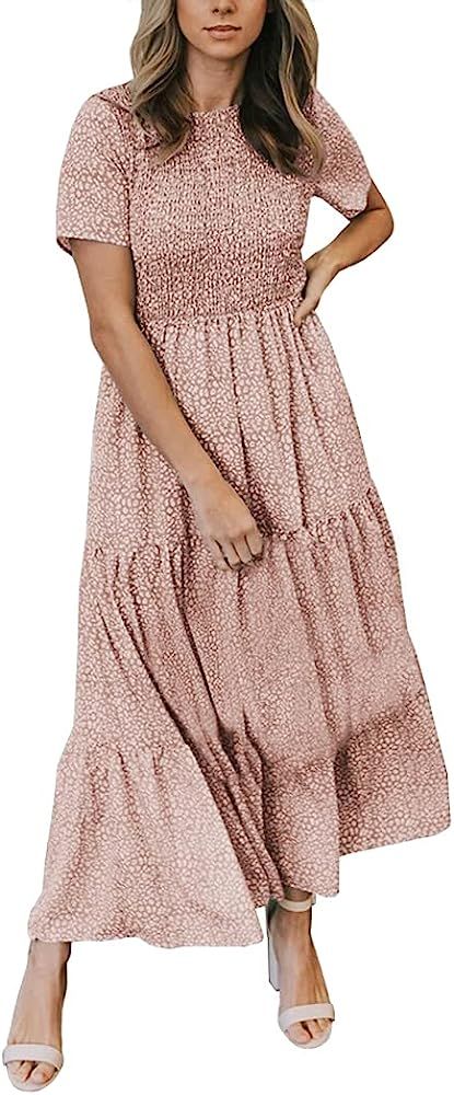 Zattcas Womens Summer Casual Short Sleeve Bohemian Floral Tiered Maxi Dress | Amazon (US)