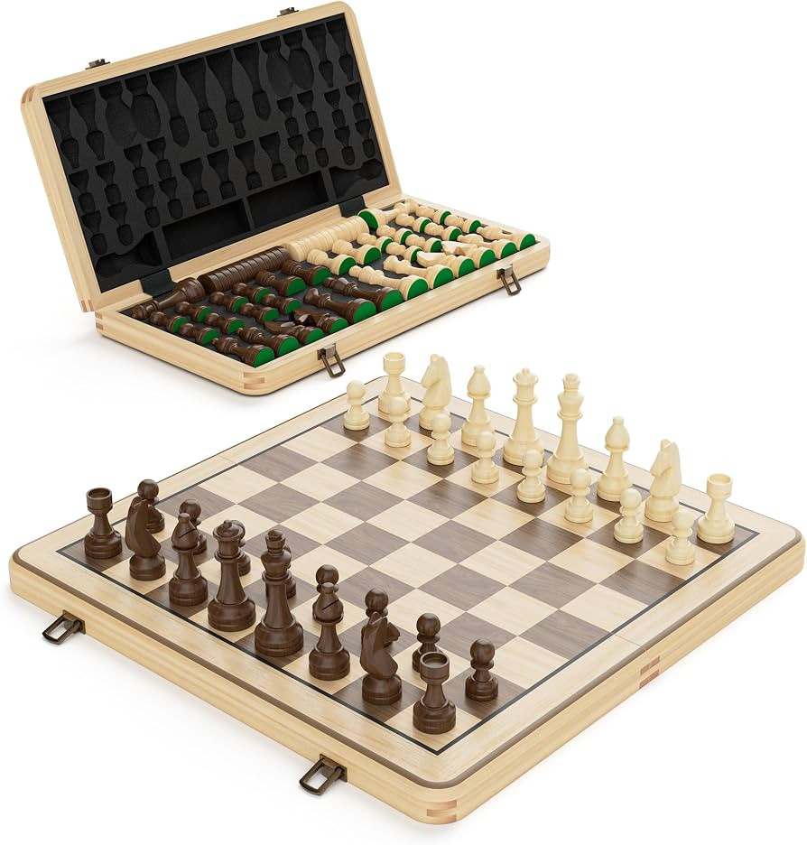 15" Wooden Folding Chess & Checkers Set - 2 in 1 Board Game with 3" King Staunton Pieces and 2 Ex... | Amazon (CA)
