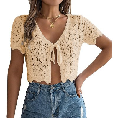 Coolmee Women Crochet Shrug Sweater Tie Front Knit Bolero Shrug for Dress Short Sleeve Cropped Cardigan Apricot XL | Target