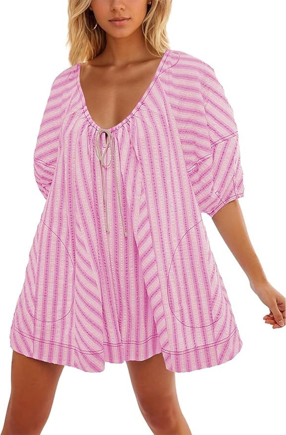 Women Oversized Striped Puff Sleeve Mini Dress Flowy Scoop Neck Ruffle Summer Dress with Pockets | Amazon (US)