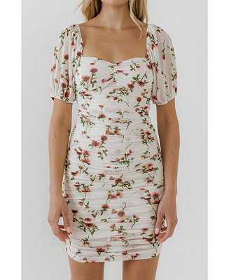Women's Floral Mesh Ruched Mini Dress with Short Sleeves | Macy's