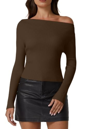 QINSEN Womens Asymmetrical Neck Sweater Slim Fit Long Sleeve Knit Pullover Top | Amazon (US)