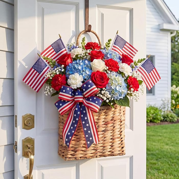 Patriotic Woven Hanging Basket Decor 4th of July Front Door Basket with American Stick Flag Star ... | Amazon (US)